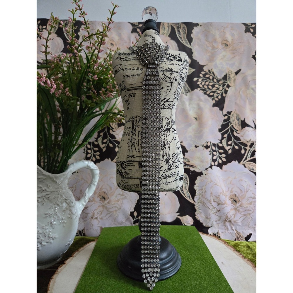 Vintage Style Rhinestone Necktie Necklace Silver Tone Crystal Statement Jewelry